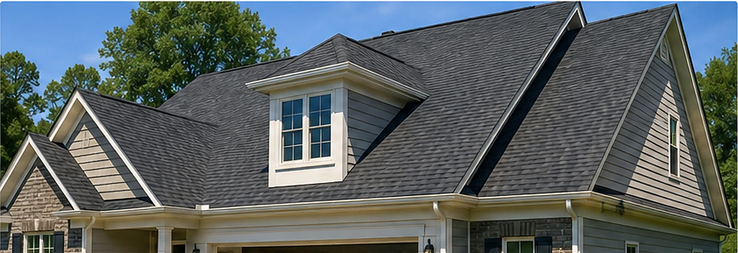Architectural asphalt shingle roof on a Raleigh NC home with dormer and steep roof sections