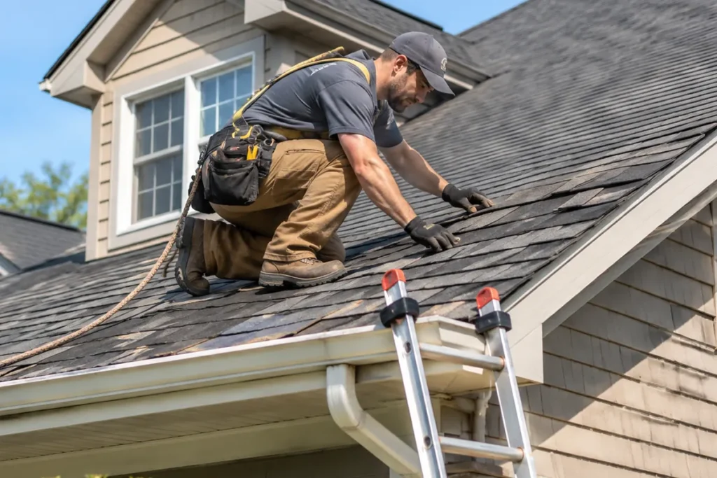 Roofing contractor closely inspecting asphalt shingles on a North Carolina home
