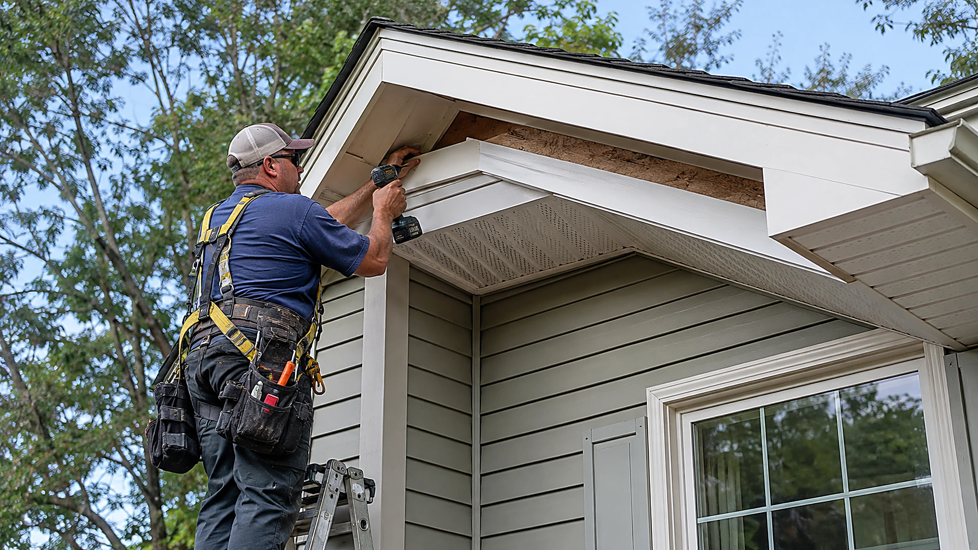 Contractor repairing soffit and fascia on a Durham NC home