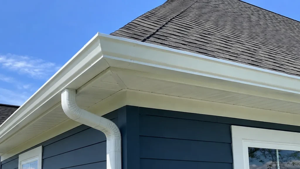 White seamless gutter connected to a large downspout on a blue residential home in Durham North Carolina
