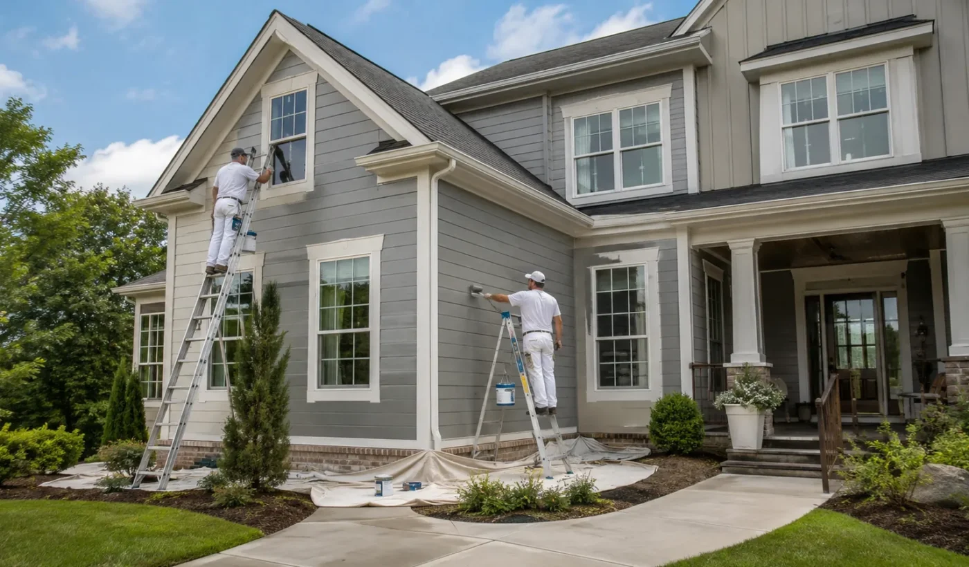 Professional painters applying exterior paint to a two-story home in Durham North Carolina