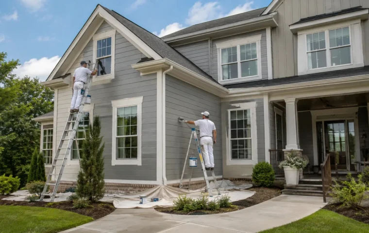 Professional painters applying exterior paint to a two-story home in Durham North Carolina