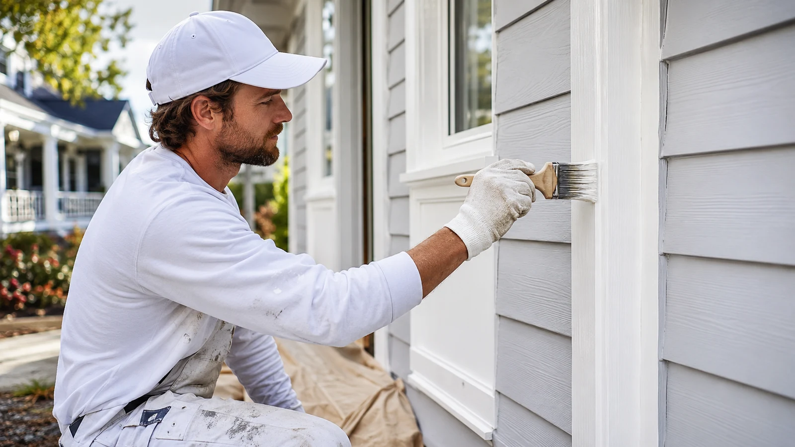 Painter applying exterior paint to siding and trim on a North Carolina home