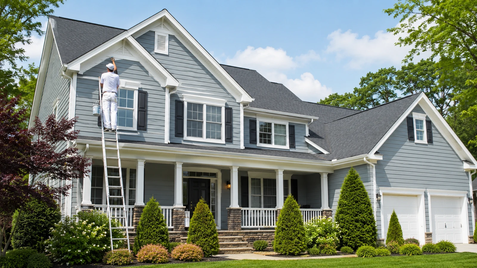 Professional painter working on a North Carolina home exterior from a ladder