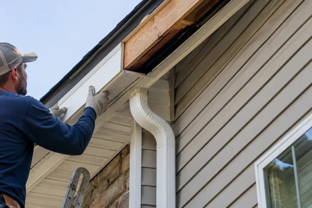 Contractor working on fascia and soffit trim beside a gutter in Durham North Carolina