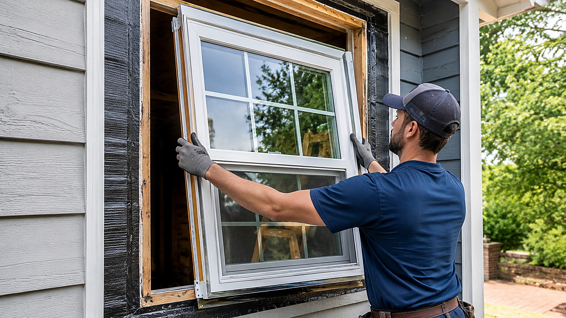 Full-frame window installation in Durham NC with the rough opening and flashing visible