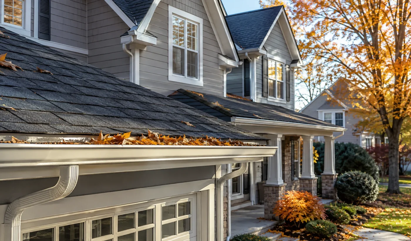 Gutter cleaning before fall in North Carolina with autumn leaves filling a residential gutter