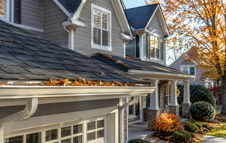 Gutter cleaning before fall in North Carolina with autumn leaves filling a residential gutter