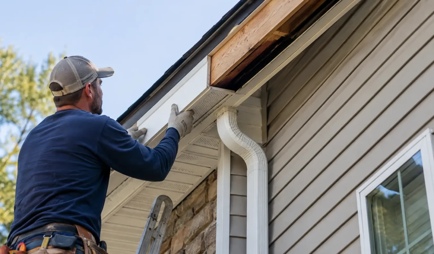 Exterior contractor working on fascia and soffit beside a gutter and downspout on a Durham style home