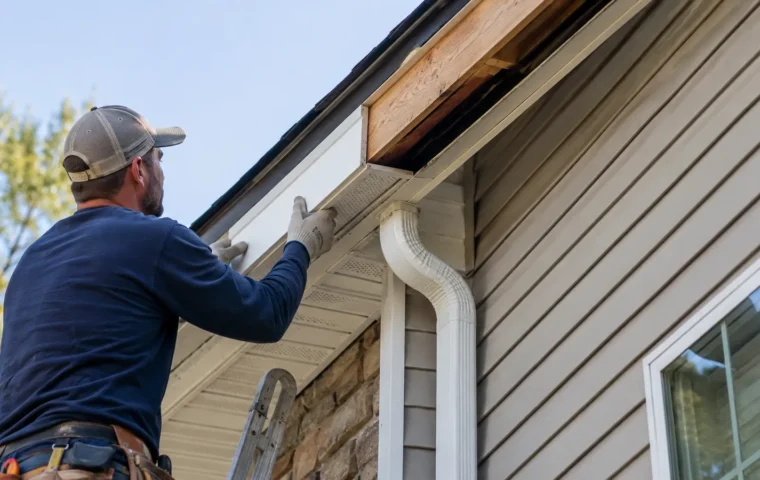 Exterior contractor working on fascia and soffit beside a gutter and downspout on a Durham style home