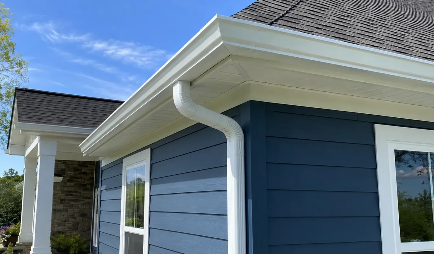 Close view of a white K-style gutter and downspout on a North Carolina house