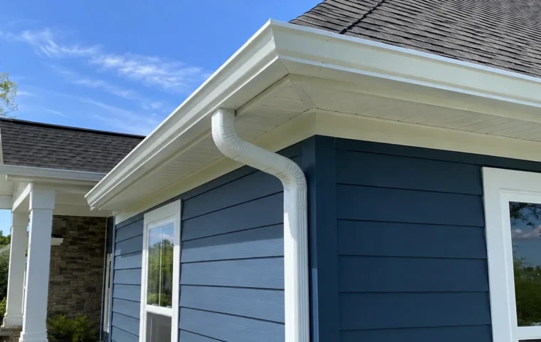 Close view of a white K-style gutter and downspout on a North Carolina house