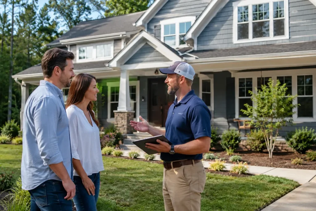 Homeowners reviewing a residential project with a contractor outside a North Carolina home