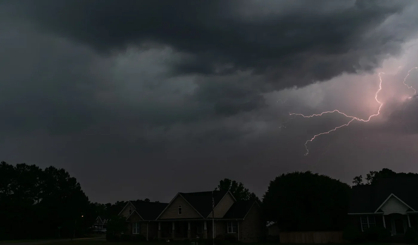 Hurricane preparation in North Carolina with severe storm clouds and lightning over suburban homes