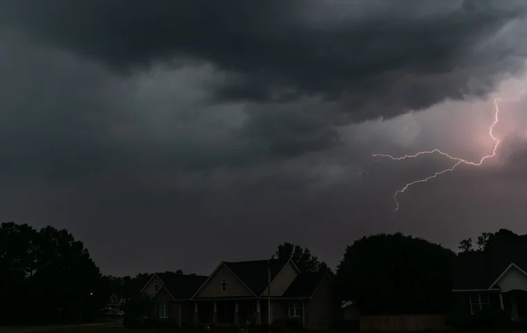 Hurricane preparation in North Carolina with severe storm clouds and lightning over suburban homes