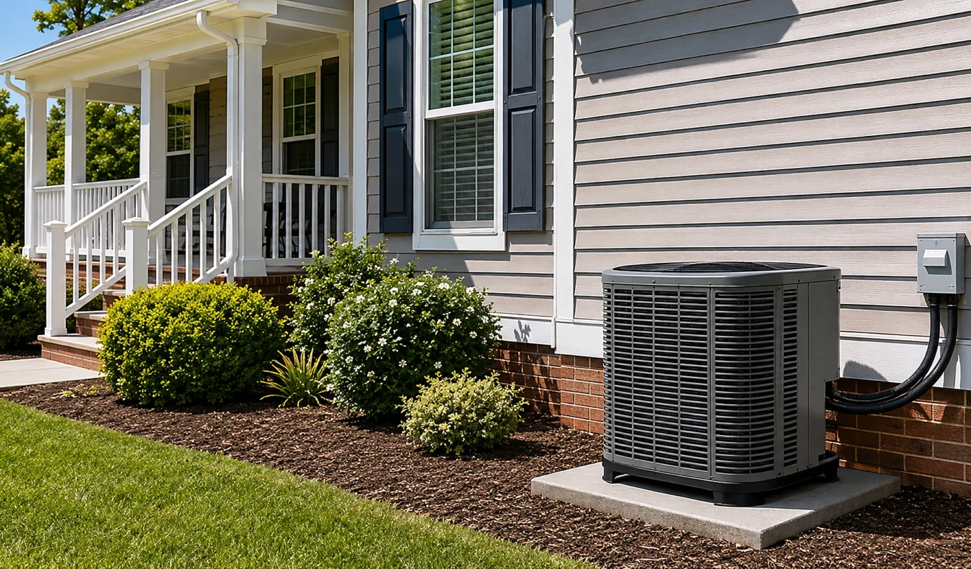 HVAC replacement cost in Durham NC shown by a modern outdoor heat pump and AC condenser beside a home