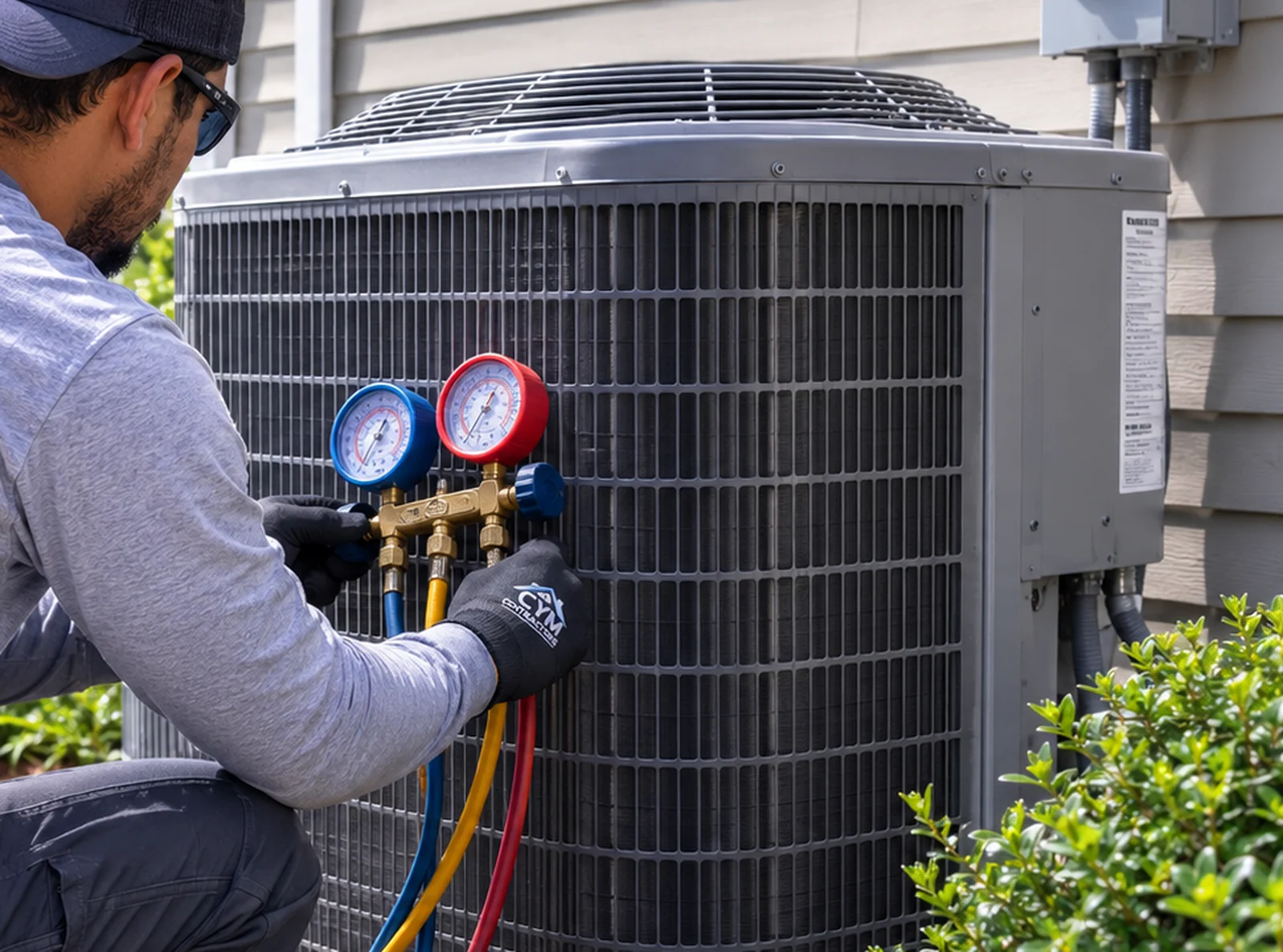 HVAC technician checking system pressures during a North Carolina tune-up