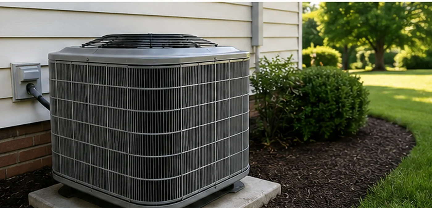 Outdoor HVAC condenser beside a North Carolina home before seasonal tune-up service
