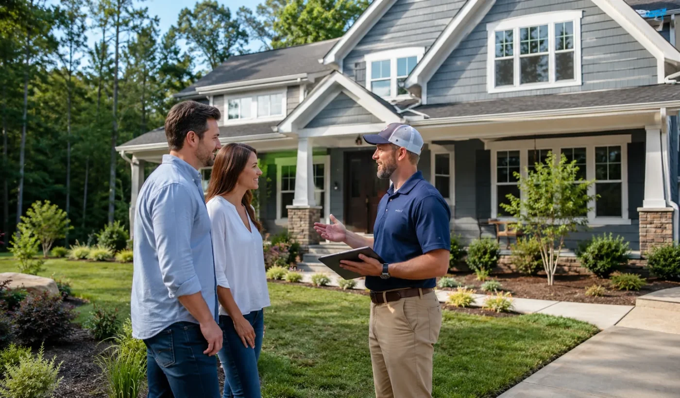 North Carolina homeowners discussing a home improvement project with a local contractor outside a residential home