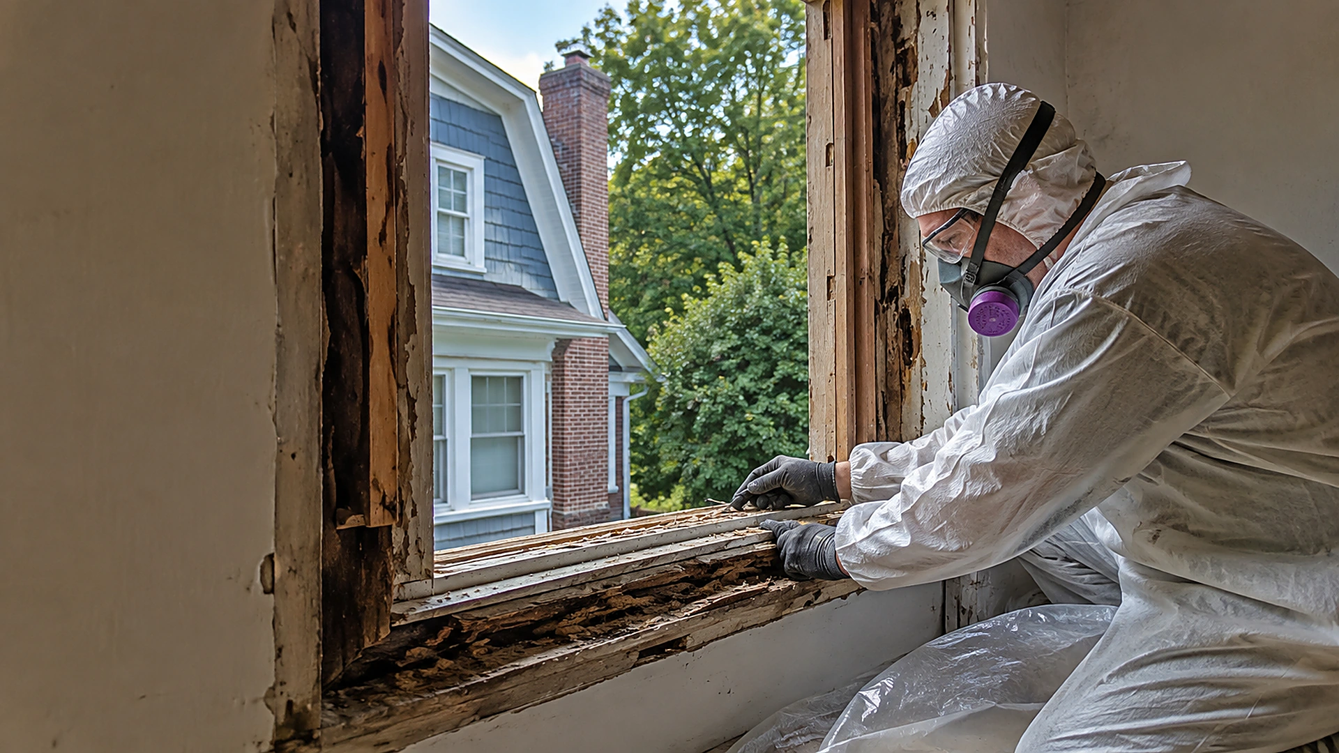 Older Durham home window opening prepared for repair during replacement work