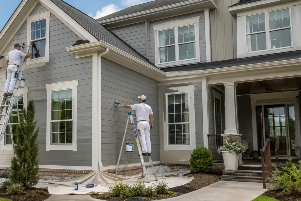 Painters preparing and coating the exterior of a two-story Durham North Carolina home