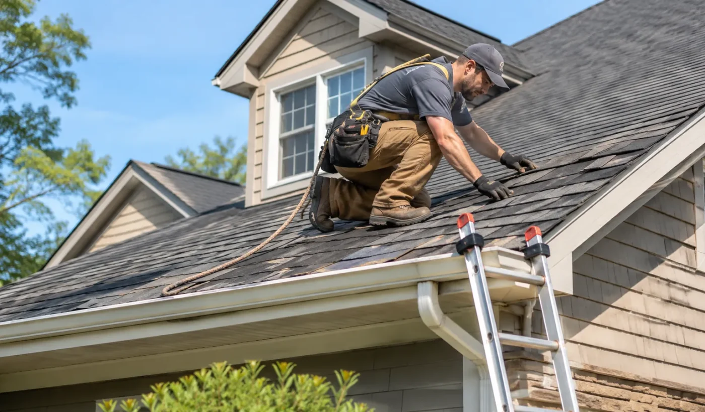 Roofing contractor inspecting asphalt shingles on a North Carolina home