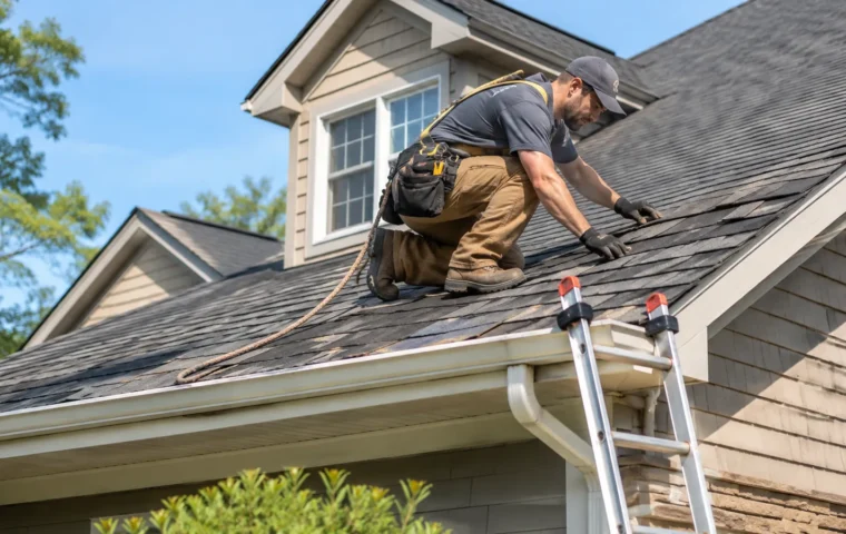Roofing contractor inspecting asphalt shingles on a North Carolina home