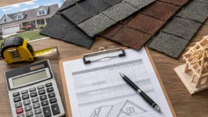 Roof replacement estimate with shingle samples and roofing materials in North Carolina