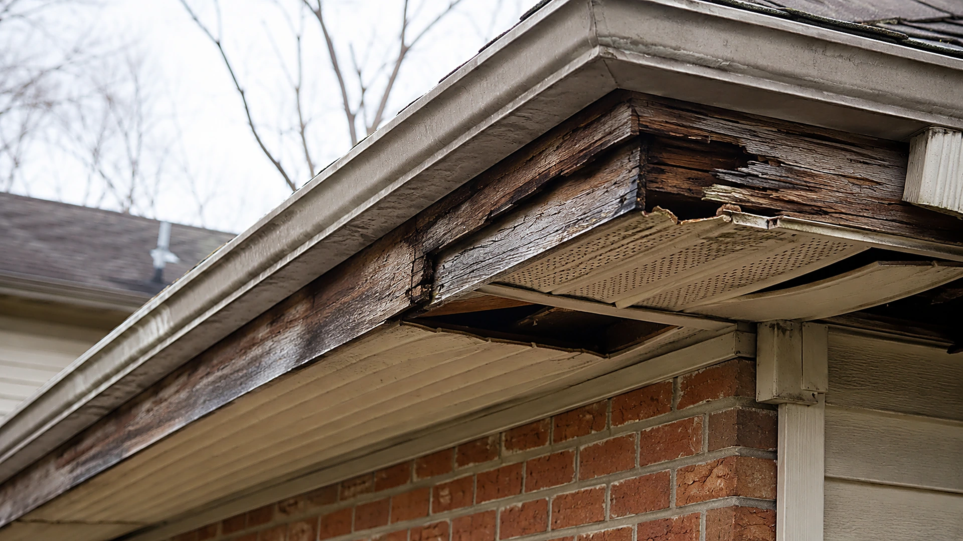 Rotted fascia board and sagging soffit on a Durham home showing damage that raises soffit and fascia repair cost