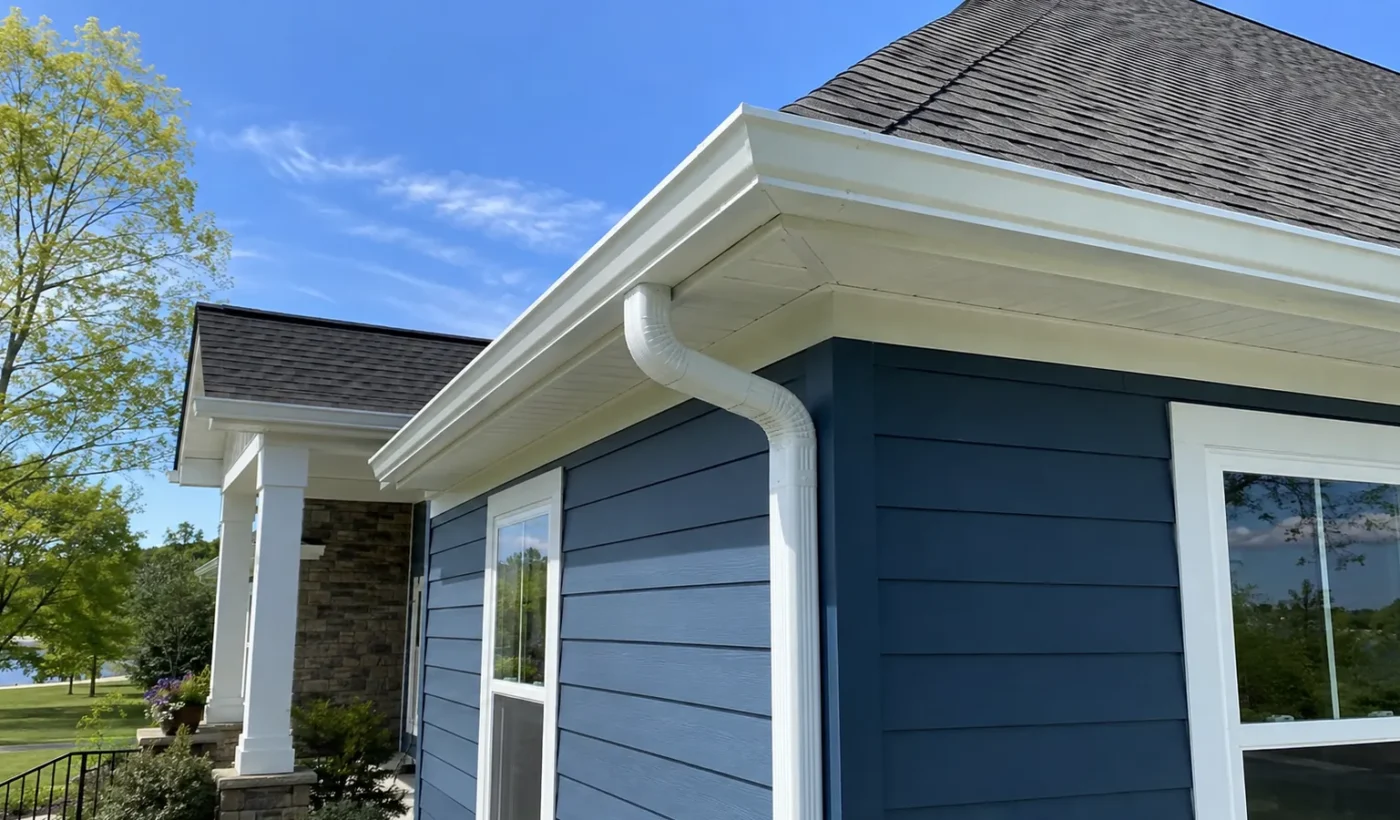 White seamless gutter and downspout installed on a blue North Carolina home