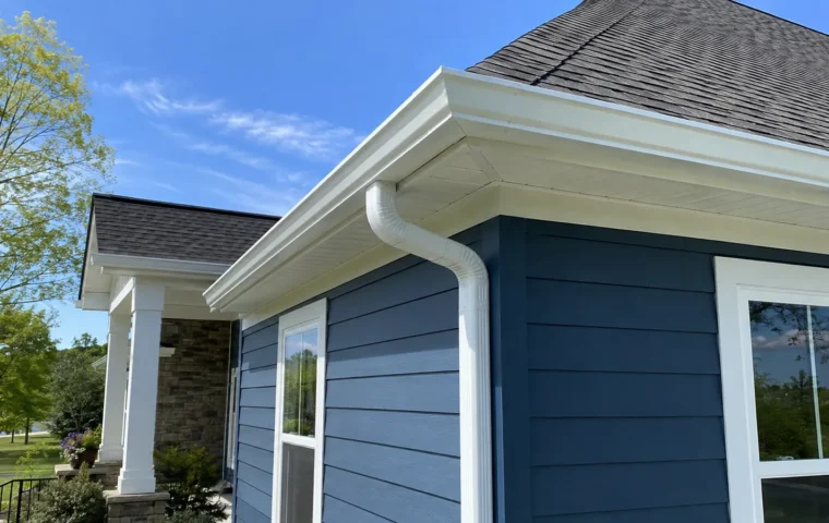 White seamless gutter and downspout installed on a blue North Carolina home