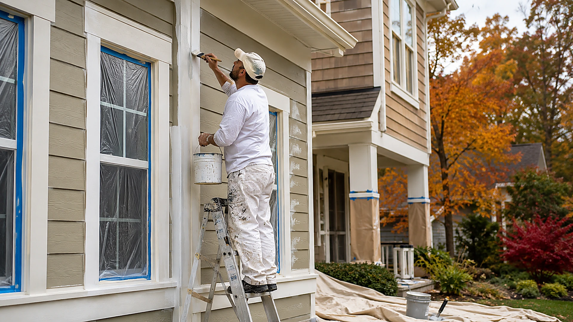 Professional painter applying exterior trim paint on a Durham NC home in fall