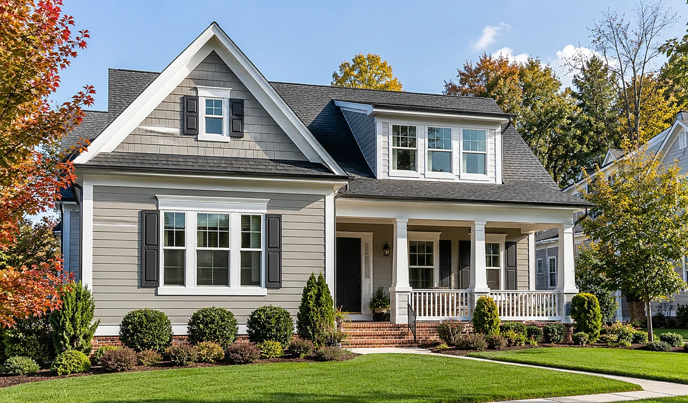 Exterior house painting cost in Durham NC shown by a sharp freshly painted home in fall