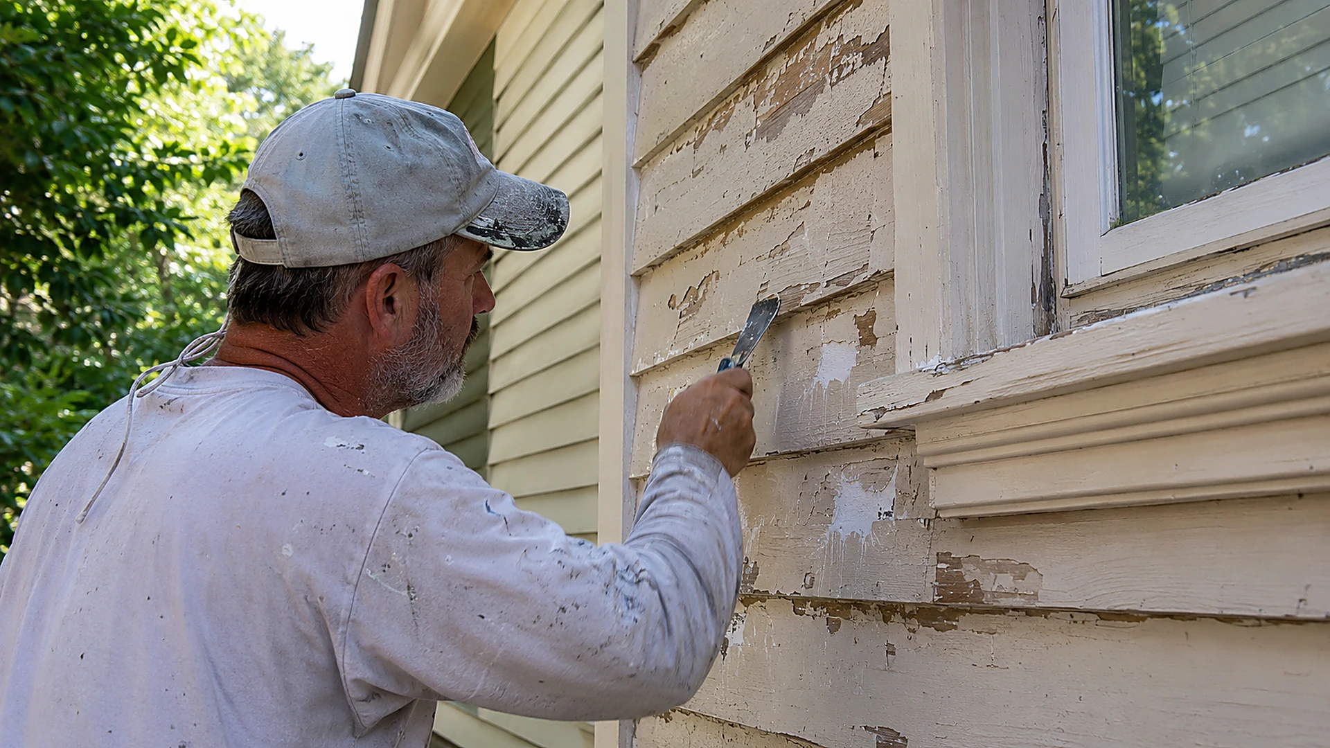 Painter scraping peeling exterior paint during prep on a Durham NC home